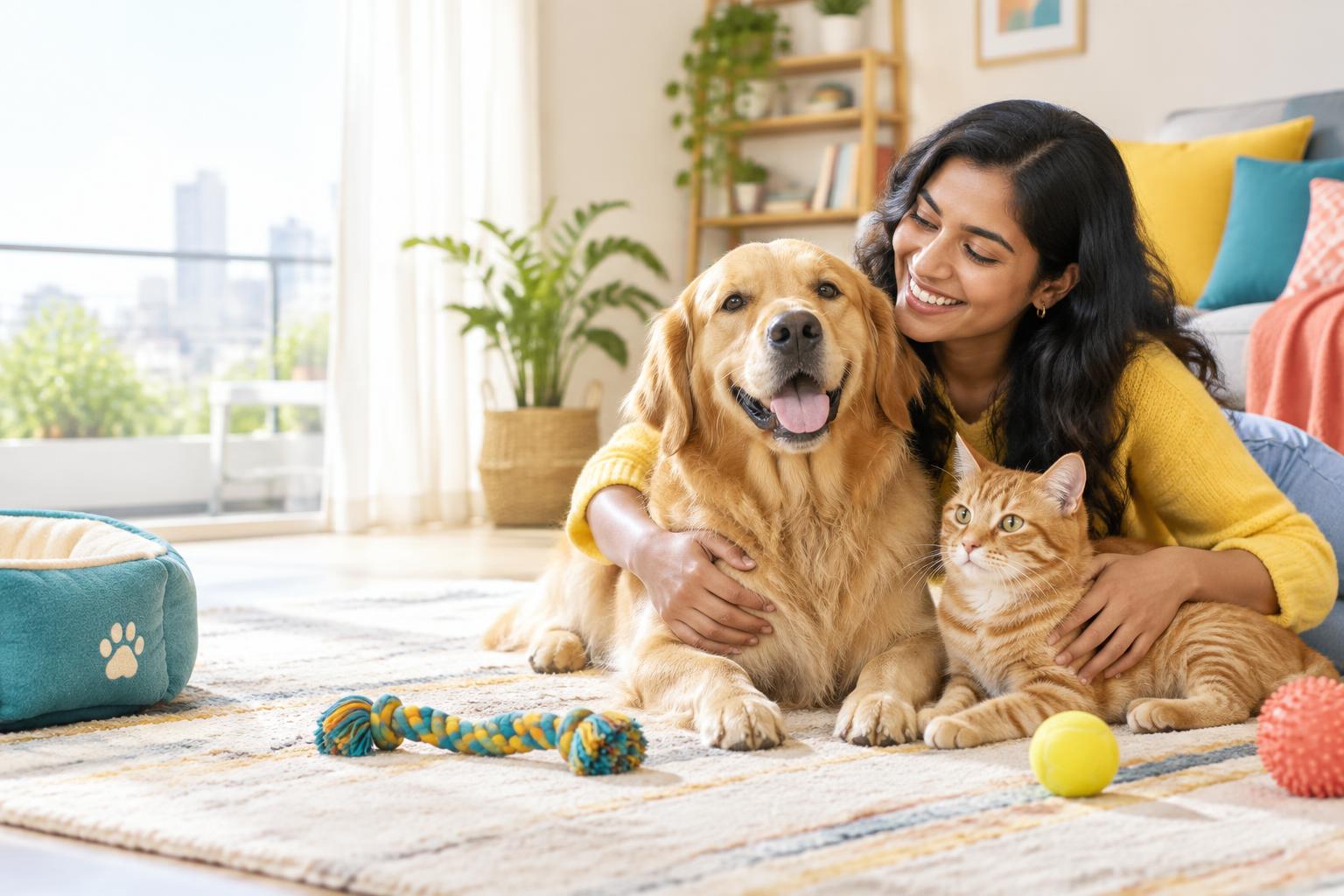A happy pet parent with her golden retriever and cat